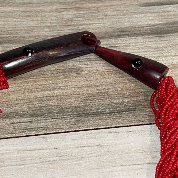Ethnic Multistrand Red Bead Necklace With Wood Hook Closure - Picture 5 of 8